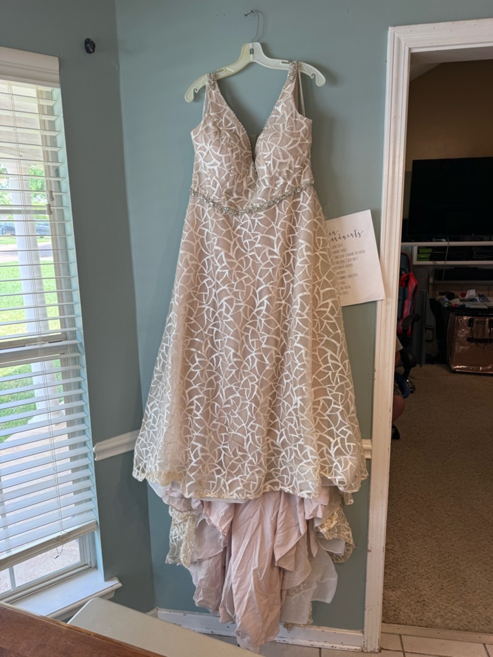 Galina Signature SWG863 Geometric Sequin Wedding Dress Ivory/Cashmere Sz 20W